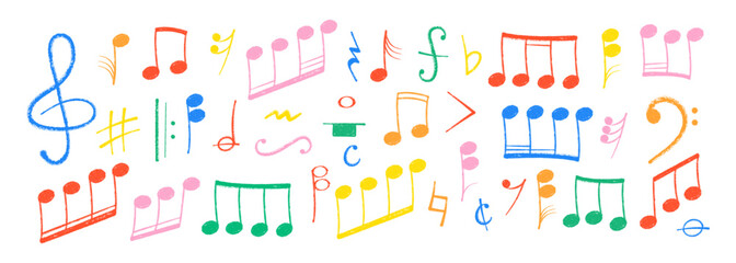 Crayon pastel or chalk music note signs doodle hand drawn symbol shapes set. Chalkboard textured musical symbols treble, bass clefs, pauses doodle collection.