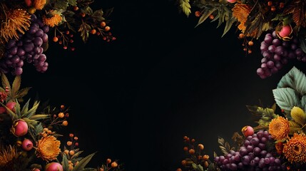 Watercolor frame with grapes, leaves and golden border on black background – wine-themed decorative border
