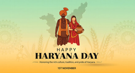 Happy haryana day greeting with traditional couple and rural background