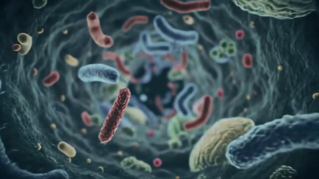 A realistic 3D animation showing a diverse colony of bacteria microbes and microorganisms floating inside the human gut microbiome for scientific and medical visualization.