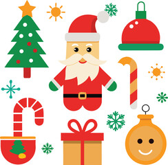 Fototapeta premium Vector art of flat design christmas elements featuring santa claus, a christmas tree, ornaments, gift box, and candy cane