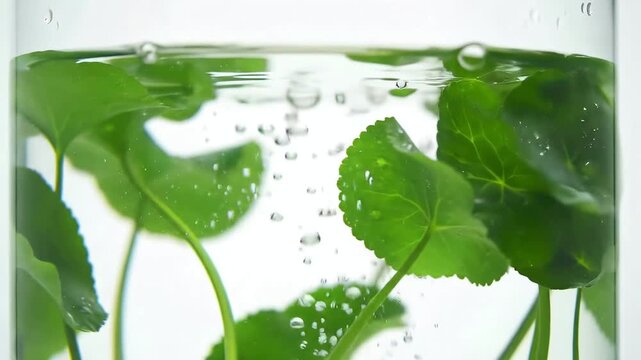 A refreshing closeup shot of vibrant green Centella asiatica leaves submerged in clear sparkling water inside a glass with bubbles rising against a clean white background.