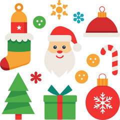 Fototapeta premium Vector art of a vibrant collection of flat design christmas elements including a stocking, santa claus face, snowflakes, a christmas tree, gift box, and ornaments, all isolated on a