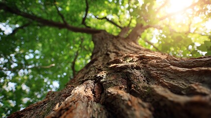 Obraz premium Low Angle View of Tree Trunk Ascending Towards Green Leaves and Sunlight