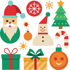Vector art of collection of flat design christmas icons including santa claus, snowman, christmas tree, gift box, candy cane, and ornaments