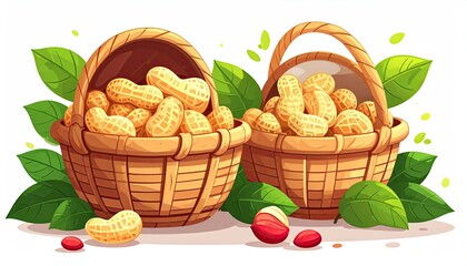 Two wicker baskets overflowing with peanuts