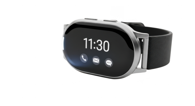 Modern silver smartwatch with black strap displaying time and icons isolated on transparent background