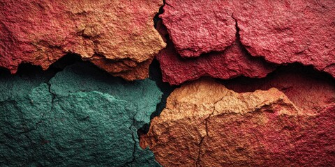 Fototapeta premium Vibrant, textured stone surfaces in deep reds, oranges, and teal create a striking, abstract background for compelling design projects.