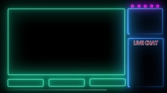 Animated Neon Stream Overlay &ndash; Looping Intermission Border with Facecam and Chat Frame, Glowing Lines on Black Background, Twitch or YouTube Ready