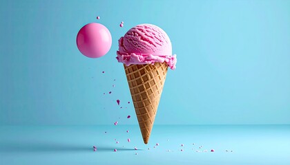 Pink ice cream cone in mid-air, with a pink sphere and sprinkles