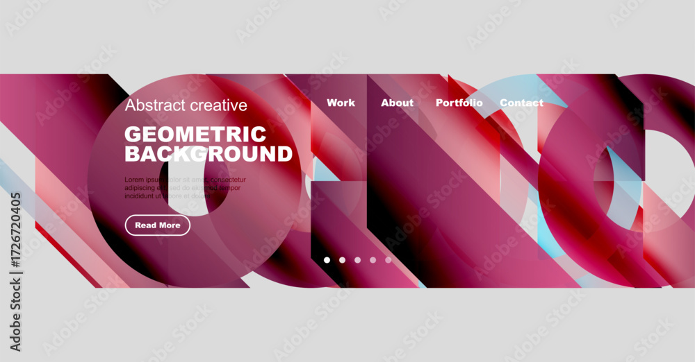 Poster abstract website banner features geometric shapes, vibrant colors, text elements. includes navigatio