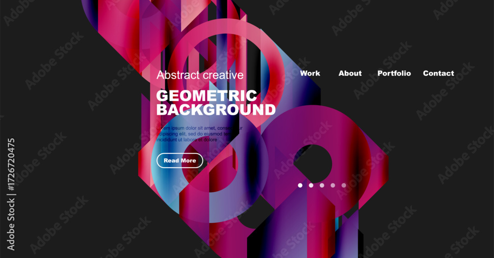 Poster abstract geometric design. vibrant colors, flowing shapes, website header with navigation options. m