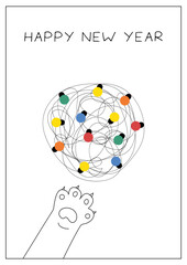 Happy New Year greeting card with cat paw and tangled Christmas lights in minimalist line art