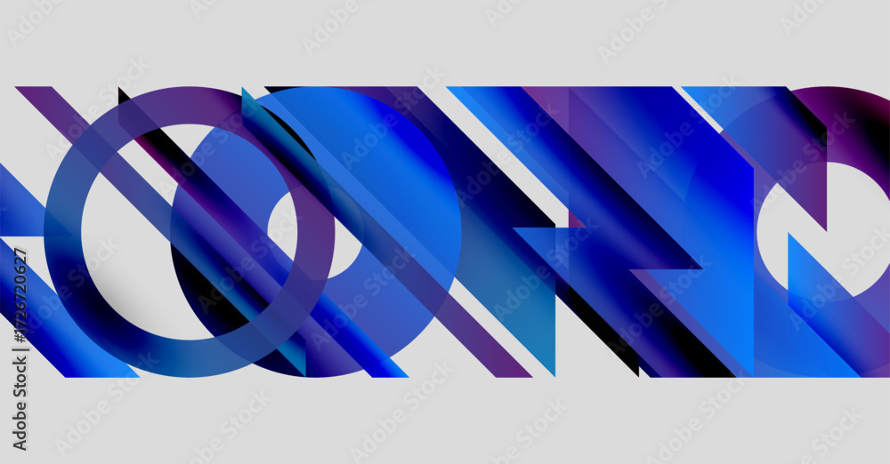 Poster abstract geometric shapes, blue hues dominate. overlapping lines create dynamic visual effect. moder
