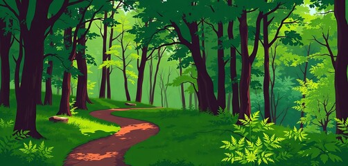 Flat vector illustration of a forest scene with a winding path through lush green trees and foliage,  scenic,  spring