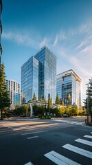 Obraz premium Modern Office Buildings and Landscaping along City Street, Bellevue, Washington