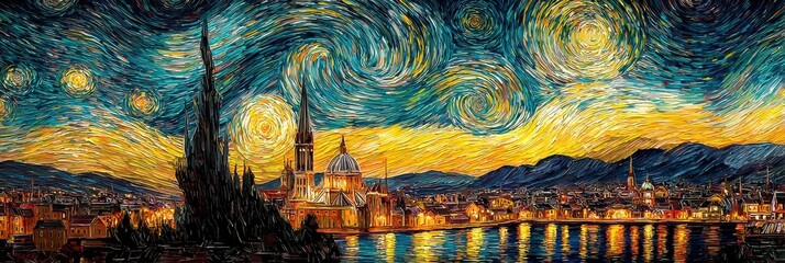 Vibrant City Skyline Under Swirling