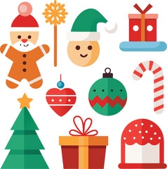 Vector art of group of flat design christmas elements including a gingerbread man, santa hat, gifts, ornaments, candy cane, and christmas tree