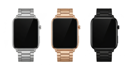 Three modern smartwatches with metal bands in different colors isolated on transparent background