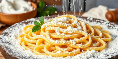 Fresh pasta tossed in white flour, rustic setting, gluten, hand tossed