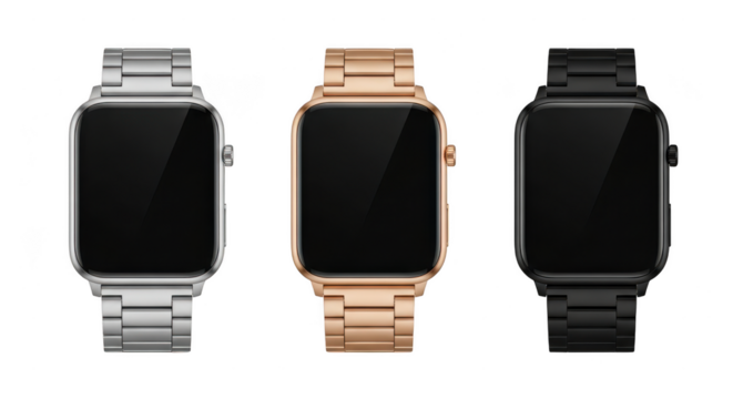 Three modern smartwatches with metal bands in different colors isolated on transparent background - Powered by Adobe