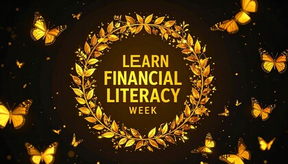 Golden wreath with text "Learn Financial Literacy Week" surrounded by butterflies