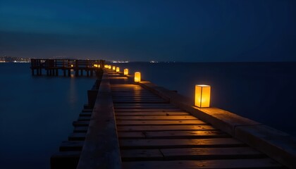 Obraz premium Romantic Lanterns Light Up The Pier On Moonlit Tropical Night