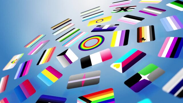 Multiple LGBTQIA+ Flags in Spinning Rings, Inclusive Pride Concept