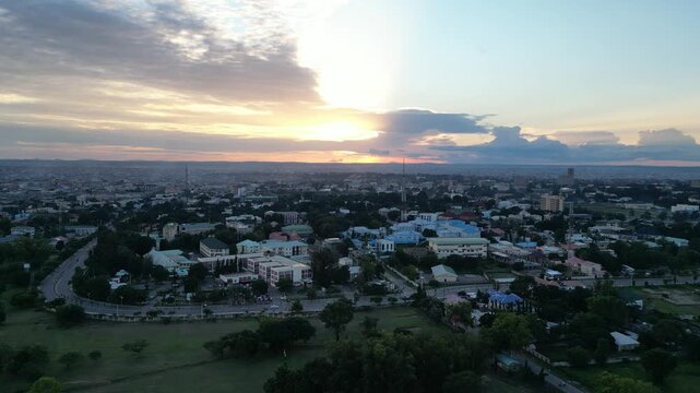 Aerial view of Lafia Road buildings in a tranquil urban setting, where the warm glow of the sunset paints the sky, Kaduna, Kaduna, Nigeria.