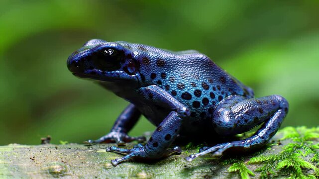 A vibrant blue poison dart frog Dendrobates tinctorius azureus sits perfectly still on a mossy branch in a lush tropical rainforest environment with a green background.