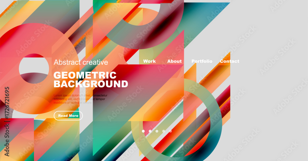 Poster abstract geometric design. vibrant colors overlap, creating dynamic composition. text elements prese