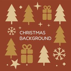 Christmas background with pine tree, snowflake, present, star and text. Winter holiday ornament. Vector illustration for greeting card, banner, poster