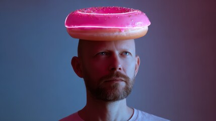 A man with a donut balanced on his head, illuminated by a vibrant pink light, creates a whimsical and playful atmosphere.
