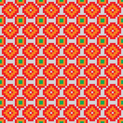 Naklejka premium Geometric square floral fabric pattern design with red, green, orange, and white lines on a light background.