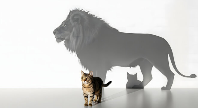 Small cat casts mighty lion shadow symbolizing inner strength and courage