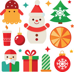 Vector art of assortment of flat design christmas elements featuring a snowman, santa claus, christmas tree, gift box, ornaments, and festive stars