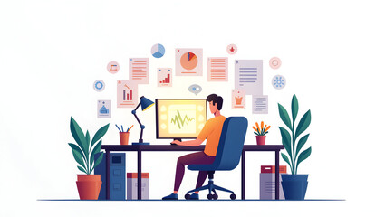 Alpha wave A concept illustration of a creative workspace, objects on the desk glowing with alpha wave energy, the whole scene floating above a clean white background(2)