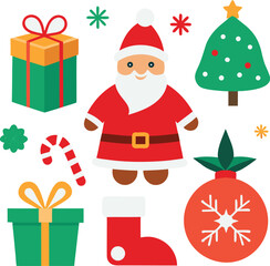 Vector art of collection of flat design christmas icons including santa claus, christmas tree, gift box, candy cane, snowflake, and stocking