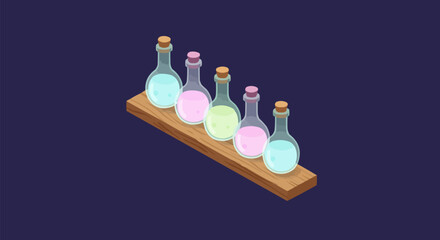 Set of colorful fantasy glass vials with magical liquid for alchemy or science experiments, isolated isometric vector graphic