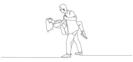 Minimalist continuous line drawing of a romantic couple dancing. The man is holding and dipping the woman gracefully, while they look at each other with affection. The artwork symbolizes love, romance