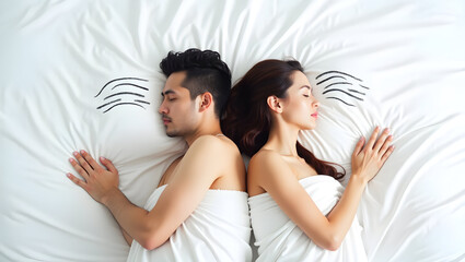Alpha wave A dreamy scene of a couple sleeping back-to-back, alpha wave patterns gently arching over each head, the entire bed and figures isolated on white(1)