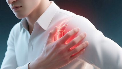 “Medical Illustration of Man Enduring Shoulder Pain with Highlighted Affected Area”