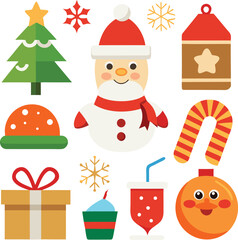 Fototapeta premium Vector art of collection of festive christmas icons including a snowman, christmas tree, gift box, candy cane, and ornaments, all isolated on a