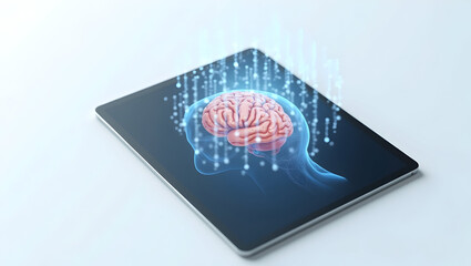 Alpha wave A scientific 3D rendering of a digital tablet displaying animated alpha wave patterns on a simulated brain scan, all objects floating above a white(2)