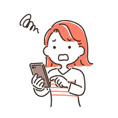 困った顔でスマホを操作している若い女性（シンプル）
