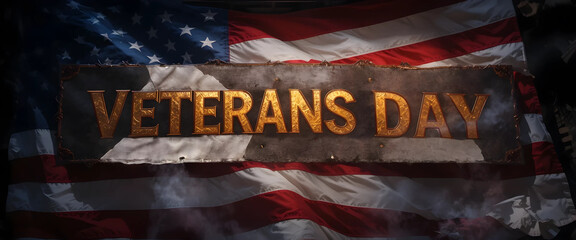 Veterans Day banner over American flag, tribute and honor celebration scene
