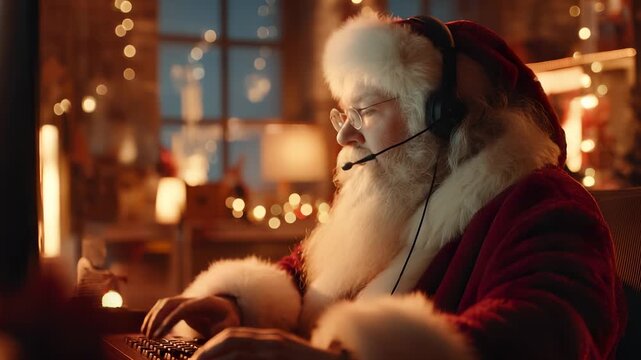 Santa types on keyboard in office. Claus working Christmas evening. Beard visible near headset. Holiday lights in background. Claus, beard, Christmas, call, computer, headset, holiday, office, Santa