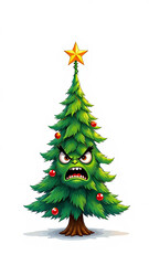Fototapeta premium Cartoon angry crazy christmas tree on a white background 