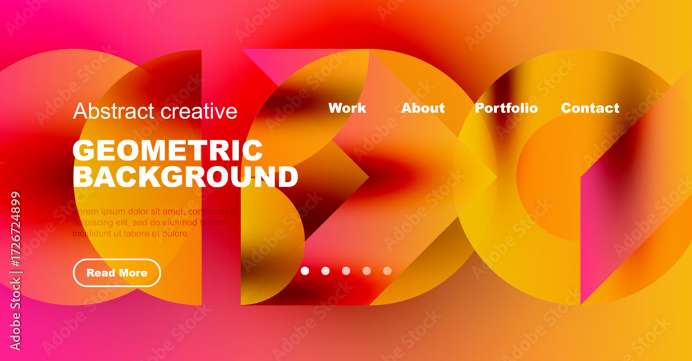 Poster vibrant abstract design. geometric shapes blend with gradient colors. website header includes naviga