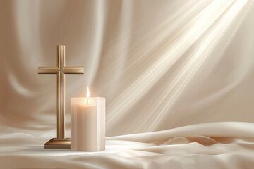 Golden Christian Cross and Lit Candle on Soft Drapery with Divine Light Beams